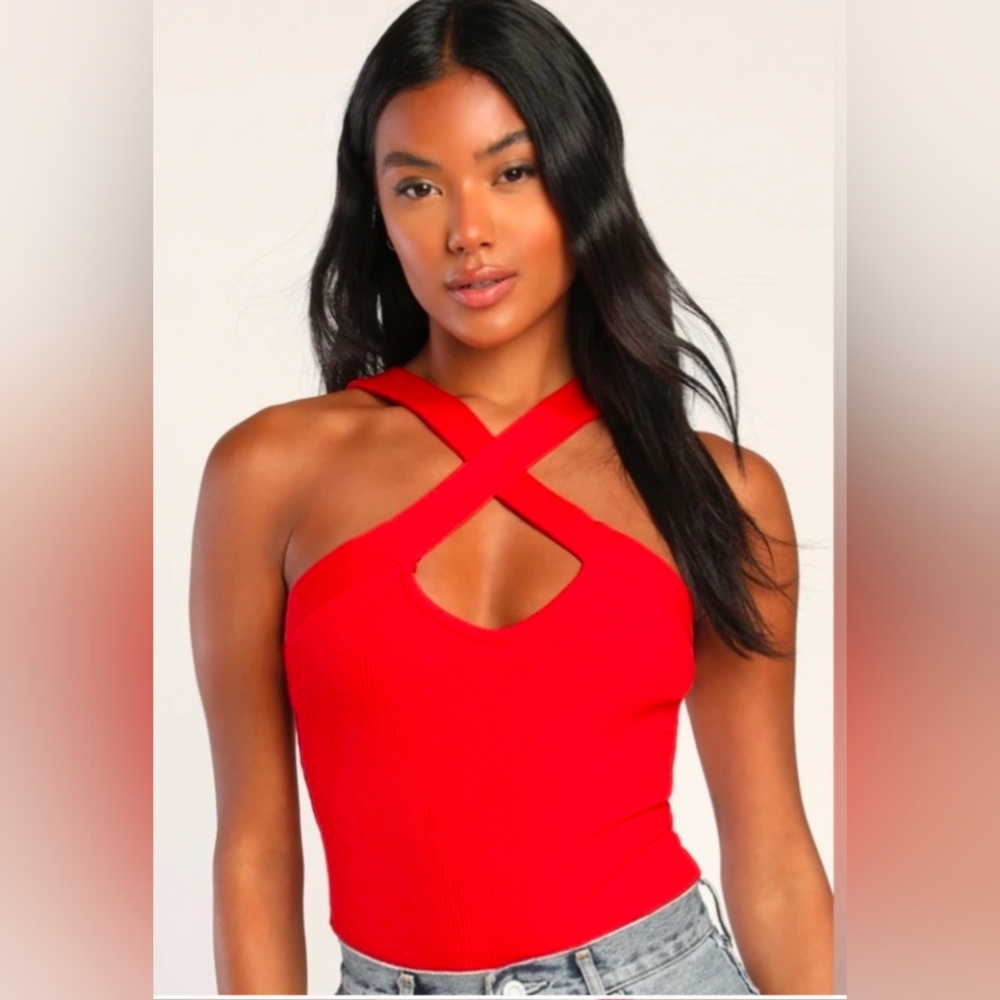 Lulus Red Cross Front Ribbed Bodysuit